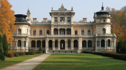 Fototapeta premium Majestic european mansion surrounded by autumn foliage in idyllic garden setting