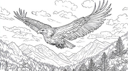 Eagle soaring above mountain valley, cloudscape background; coloring book illustration