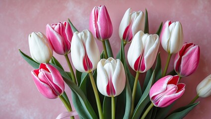 Obraz premium Vibrant bouquet of fresh pink and white tulips arranged elegantly against a soft pastel pink backdrop with lush green leaves in a close-up view.