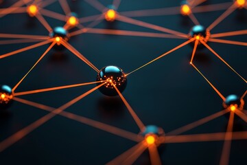 psychology of brand identity corporate concept. Abstract network of glowing connections with metallic spheres on a dark background.