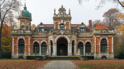 Fototapeta premium Majestic historic mansion with autumn leaves and detailed architecture