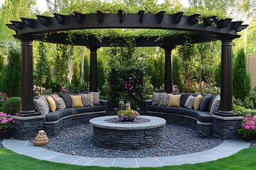 A beautiful outdoor seating area with a central fire pit