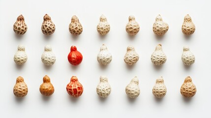 Arranged peanuts in various earthy tones, one red peanut stands out. Illustrates uniqueness, standing out from the crowd, or a different perspective.