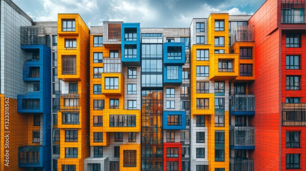 Aufkleber A striking building displays an array of bright colors, featuring unique geometric balconies that create a dynamic visual effect against a cloudy sky. The architecture captures modern urban living