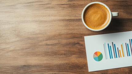 Determination of entrepreneurship growth mindset concept. Coffee cup beside a report with colorful charts on a wooden table.