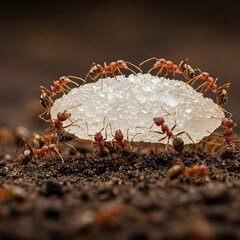 A group of ants working together to carry lumps of sugar to become a long-term food stock