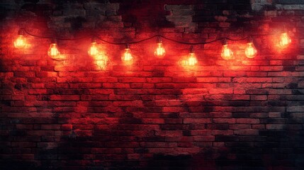 Fototapeta premium Vintage string lights hanging on red brick wall with glowing warm bulbs