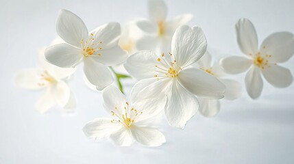 Delicate arrangement of pure white jasmine blossoms on a bright background, ideal for wedding invitations, spring events, or minimalistic d&eacute;cor.