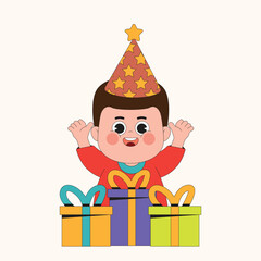 Cute Boy Birthday With Gift Cartoon Character Illustration