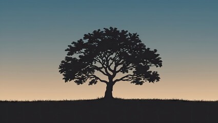 Fototapeta premium Silhouette of a large leafy tree positioned at the center against a soft gradient background of blue and orange with ample copyspace for text.
