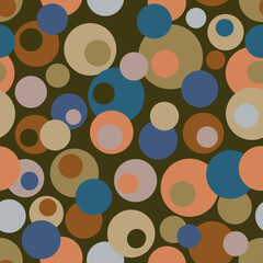 Retro style Simple abstract geometric seamless pattern Colorful layered circles, rounded shapes on a dark green brown background