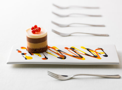 Dessert presentation featuring chocolate mousse with fruit sauce