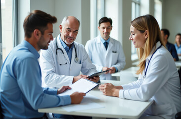 Fototapeta premium Caucasian medical professionals in discussion at hospital meeting room