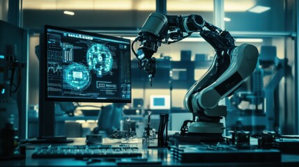 A cutting-edge industrial robotics testing lab with AI-driven automation systems