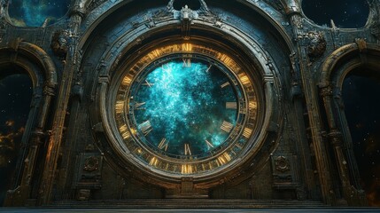 Obraz premium Intricate astronomical clock in a cosmic setting with roman numerals and arch design