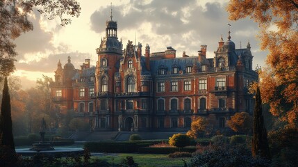 Majestic victorian castle at sunset surrounded by lush autumn foliage in tranquil setting