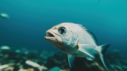 ocean pollution toxins impact, A close-up of a fish swimming underwater in a clear blue environment.