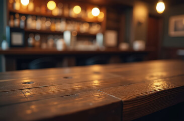 Cozy wooden bar interior with warm lighting and shelves