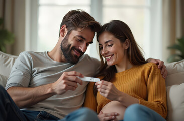 Joyful caucasian couple excitedly holding positive pregnancy test in living room