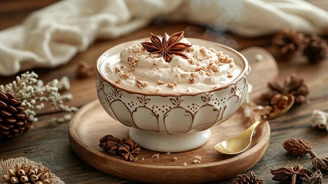 Delicate dessert in a bowl, rustic wooden setting with pine cones and star anise