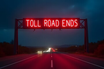 A neon "Toll Road Ends" sign marking the end of a modern expressway.