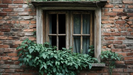 Aged wooden window with four panes against a rustic brick wall, adorned with lush green ivy creeping around the frame, creating a natural vignette.