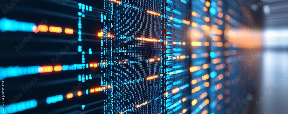 Poster operations of data science in business concept. digital data visualization with vibrant blue and ora