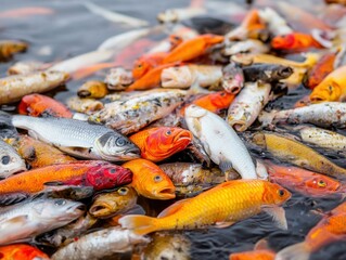 ocean pollution toxins impact, A vibrant assortment of koi fish swimming together in a serene pond.