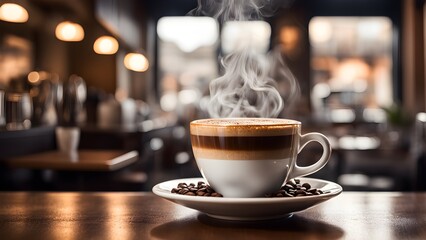 A steaming cup coffee sits a saucer coffee beans, a blurred cafe background.