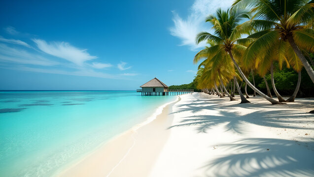 A secluded white sandy beach with turquoise waters, swaying palm trees, and a wooden hut on stilts.