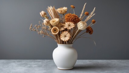 Dried flower bouquet in a white ceramic vase featuring beige, orange, and brown tones against a muted gray background on a textured surface.