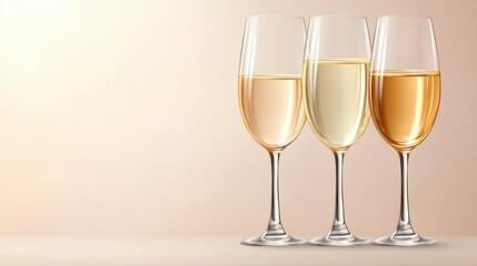 Fototapeta premium Three elegant glasses of sparkling wine in varying hues, set against a soft, neutral background, evoke a celebration or special occasion.