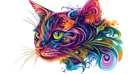 Colorful Cat Art Psychedelic Feline Tattoo Design on transparent background