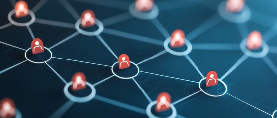 Team collaboration tools in remote work concept. Digital network connections with user icons and nodes representing social interaction.