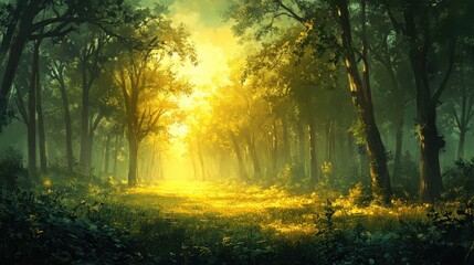 Fototapeta premium Sunlit forest path canopy with lush greenery and dappled light