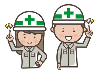 ポイントを説明する男女工事作業員の上半身イラスト