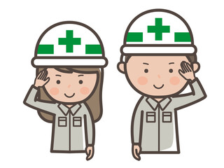 敬礼ポーズをする男女工事作業員の上半身イラスト