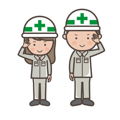 敬礼ポーズをする男女工事作業員の全身イラスト