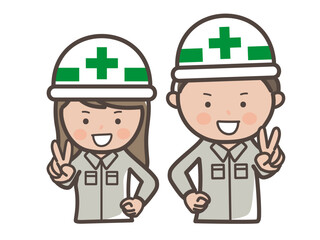 元気にピースをする男女工事作業員の上半身イラスト