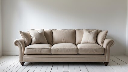 Fototapeta premium Beige fabric sofa with three cushions centered on a wooden floor against a bright white wall creating a cozy interior setting