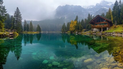 Naklejka premium Tranquil mountain lake with rustic cabin and misty pines in autumn