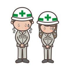 大汗をかいて謝罪する男女工事作業員の全身イラスト