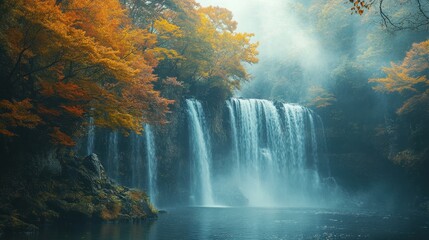 Fototapeta premium Breathtaking waterfall surrounded by vibrant autumn forest scenery