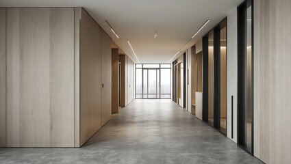 Obraz premium Long empty corridor featuring wooden walls and large glass windows, bright natural light, minimalistic design, and concrete flooring in modern space.