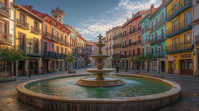Colorful european street with fountain in historic town square