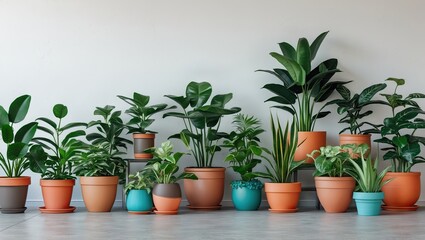 Fototapeta premium Assorted indoor houseplants in terracotta and teal pots arranged symmetrically against a light gray wall enhancing modern room decor.