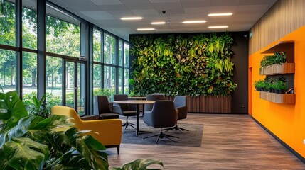 Modern office lounge with vertical garden and seating area