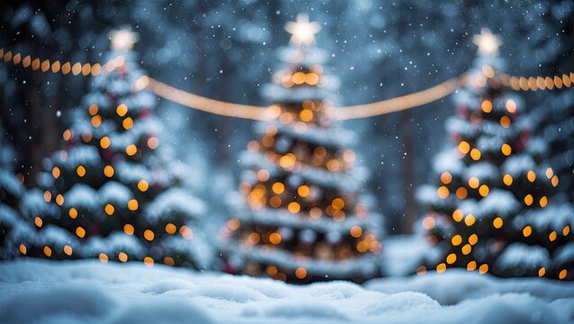 Blurred Christmas tree scene featuring three decorated trees with glowing lights in a snowy landscape, soft bokeh effect, ideal for text overlay. - Powered by Adobe