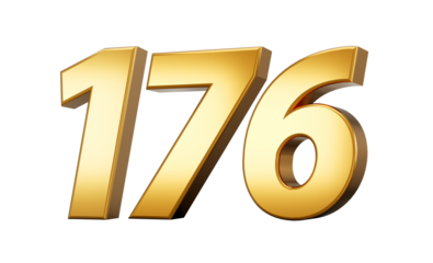 3d number 176 one hundred seventy six Gold text with reflection 3d illustration