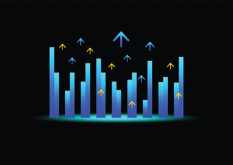 Stock and investment concept. A bar graph with upper arrow on a dark background. Bullish market, profit of wealth, high risk high return, business growth up.